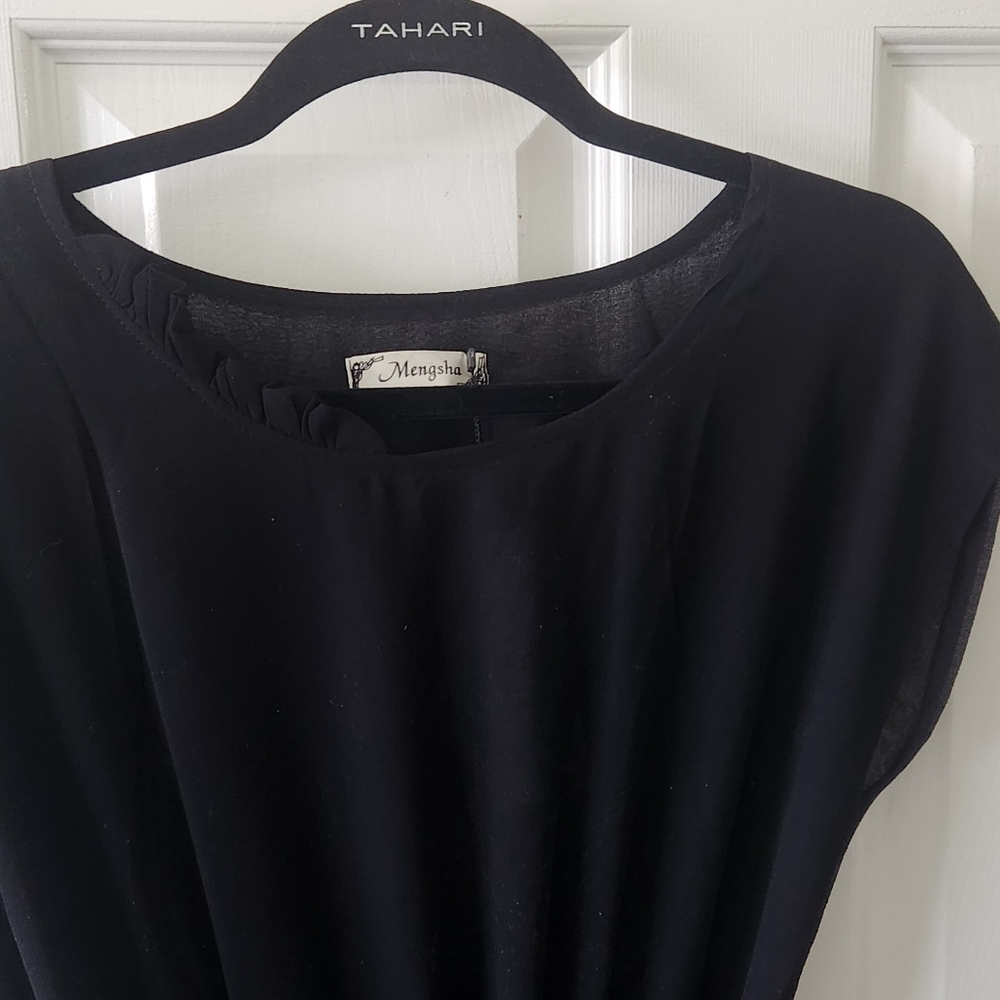 NWT Solid Chiffon Cap-Sleeve Belted Black Mid- length dress - Picture 3 of 6